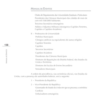 MANUAL DE EVENTOS
                                          Chefes de Departamento das Universidades Estaduais e Particulares
                                          Presidentes das Câmaras Municipais das cidades de mais de
                                          cem mil (100.000) habitantes
                                          Terceiros Secretários estrangeiros
                                          Adidos e Adjuntos Militares estrangeiros (Capitães-Tenentes,
                                          Capitães e Capitães-Aviadores)

                                      II – Professores de Universidade
                                           Prefeitos Municipais
                                           Cônegos católicos ou equivalentes de outras religiões
                                           Capitães-Tenentes
158                                        Capitães
                                           Terceiros Secretários
MANUAL DE EVENTOS




                                           Capitães-Aviadores
                                           Presidentes das Câmaras Municipais
                                           Diretores de Repartições do Distrito Federal, dos Estados da
                                           União e Territórios
                                           Diretores de Escolas de Ensino Secundário
                                           Vereadores Municipais

                                      A ordem de precedência, nas cerimônias oficiais, nos Estados da
                    União, com a presença de autoridades federais, será a seguinte:

                                      1 – Presidente da República

                                      2 – Vice-Presidente da República
                                           Governador do Estado da União em que se processa a cerimônia
                                           Cardeais
                                           Embaixadores estrangeiros
 