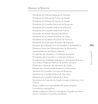 MANUAL DE EVENTOS

   Presidente do Tribunal Regional do Trabalho
   Presidente do Tribunal de Contas do Estado
   Presidente do Tribunal de Alçada do Estado
   Presidente do Conselho Nacional de Pesquisas
   Presidente do Conselho Federal de Educação
   Presidente do Conselho Federal de Cultura
   Chanceler da Ordem Nacional do Mérito
   Presidente da Academia Brasileira de Letras
   Presidente da Academia Brasileira de Ciências
   Presidente da Associação Brasileira de Imprensa
   Diretores do Gabinete Civil da Presidência da República        163
   Diretores-Gerais dos Departamentos de Ministérios
   Superintendentes de Órgãos Federais




                                                                  MANUAL DE EVENTOS
   Presidentes dos Institutos e Fundações Nacionais
   Presidentes dos Conselhos e Comissões Federais
   Presidentes das Entidades Autárquicas, Sociedades de Econo-
   mia Mista e Empresas Públicas de âmbito nacional
   Chefes dos Gabinetes dos Ministros de Estado
   Reitores das Universidades Estaduais e Particulares
   Membros do Conselho Nacional de Pesquisas
   Membros do Conselho Federal de Educação
   Membros do Conselho Federal de Cultura
   Secretários do Governo do Estado em que se processa a ce-
   rimônia
   Bispos católicos ou equivalentes de outras religiões
   Conselheiros estrangeiros
   Adidos e Adjuntos Militares estrangeiros (Capitães-de-Mar-e-
   Guerra, Coronéis e Coronéis-Aviadores)
 