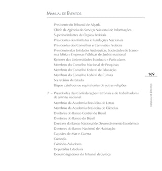 MANUAL DE EVENTOS

    Presidente do Tribunal de Alçada
    Chefe da Agência do Serviço Nacional de Informações
    Superintendentes de Órgãos Federais
    Presidentes dos Institutos e Fundações Nacionais
    Presidentes dos Conselhos e Comissões Federais
    Presidentes das Entidades Autárquicas, Sociedades de Econo-
    mia Mista e Empresas Públicas de âmbito nacional
    Reitores das Universidades Estaduais e Particulares
    Membros do Conselho Nacional de Pesquisas
    Membros do Conselho Federal de Educação
    Membros do Conselho Federal de Cultura                        169
    Secretários de Estado
    Bispos católicos ou equivalentes de outras religiões




                                                                  MANUAL DE EVENTOS
7 – Presidentes das Confederações Patronais e de Trabalhadores
    de âmbito nacional
    Membros da Academia Brasileira de Letras
    Membros da Academia Brasileira de Ciências
    Diretores do Banco Central do Brasil
    Diretores do Banco do Brasil
    Diretores do Banco Nacional de Desenvolvimento Econômico
    Diretores do Banco Nacional de Habitação
    Capitães-de-Mar-e-Guerra
    Coronéis
    Coronéis-Aviadores
    Deputados Estaduais
    Desembargadores do Tribunal de Justiça
 