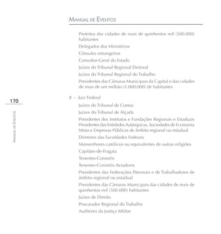 MANUAL DE EVENTOS
                        Prefeitos das cidades de mais de quinhentos mil (500.000)
                        habitantes
                        Delegados dos Ministérios
                        Cônsules estrangeiros
                        Consultor-Geral do Estado
                        Juízes do Tribunal Regional Eleitoral
                        Juízes do Tribunal Regional do Trabalho
                        Presidentes das Câmaras Municipais da Capital e das cidades
                        de mais de um milhão (1.000.000) de habitantes

                    8 – Juiz Federal
170
                        Juízes do Tribunal de Contas
                        Juízes do Tribunal de Alçada
MANUAL DE EVENTOS




                        Presidentes dos Institutos e Fundações Regionais e Estaduais
                        Presidentes das Entidades Autárquicas, Sociedades de Economia
                        Mista e Empresas Públicas de âmbito regional ou estadual
                        Diretores das Faculdades Federais
                        Monsenhores católicos ou equivalentes de outras religiões
                        Capitães-de-Fragata
                        Tenentes-Coronéis
                        Tenentes-Coronéis-Aviadores
                        Presidentes das Federações Patronais e de Trabalhadores de
                        âmbito regional ou estadual
                        Presidentes das Câmaras Municipais das cidades de mais de
                        quinhentos mil (500.000) habitantes
                        Juízes de Direito
                        Procurador Regional do Trabalho
                        Auditores da Justiça Militar
 