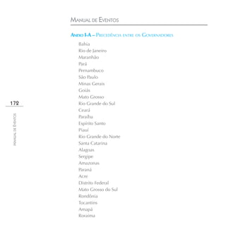 MANUAL DE EVENTOS

                    ANEXO I-A – PRECEDÊNCIA ENTRE OS GOVERNADORES
                       Bahia
                       Rio de Janeiro
                       Maranhão
                       Pará
                       Pernambuco
                       São Paulo
                       Minas Gerais
                       Goiás
                       Mato Grosso
172                    Rio Grande do Sul
                       Ceará
MANUAL DE EVENTOS




                       Paraíba
                       Espírito Santo
                       Piauí
                       Rio Grande do Norte
                       Santa Catarina
                       Alagoas
                       Sergipe
                       Amazonas
                       Paraná
                       Acre
                       Distrito Federal
                       Mato Grosso do Sul
                       Rondônia
                       Tocantins
                       Amapá
                       Roraima
 