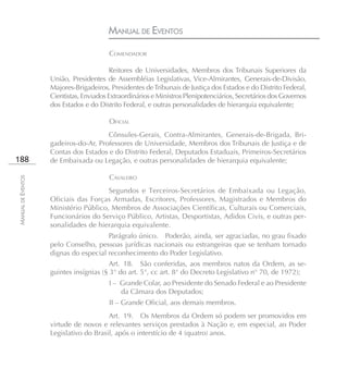 MANUAL DE EVENTOS
                                         COMENDADOR

                                          Reitores de Universidades, Membros dos Tribunais Superiores da
                    União, Presidentes de Assembléias Legislativas, Vice-Almirantes, Generais-de-Divisão,
                    Majores-Brigadeiros, Presidentes de Tribunais de Justiça dos Estados e do Distrito Federal,
                    Cientistas, Enviados Extraordinários e Ministros Plenipotenciários, Secretários dos Governos
                    dos Estados e do Distrito Federal, e outras personalidades de hierarquia equivalente;

                                         OFICIAL
                                       Cônsules-Gerais, Contra-Almirantes, Generais-de-Brigada, Bri-
                    gadeiros-do-Ar, Professores de Universidade, Membros dos Tribunais de Justiça e de
                    Contas dos Estados e do Distrito Federal, Deputados Estaduais, Primeiros-Secretários
188                 de Embaixada ou Legação, e outras personalidades de hierarquia equivalente;

                                         CAVALEIRO
MANUAL DE EVENTOS




                                       Segundos e Terceiros-Secretários de Embaixada ou Legação,
                    Oficiais das Forças Armadas, Escritores, Professores, Magistrados e Membros do
                    Ministério Público, Membros de Associações Científicas, Culturais ou Comerciais,
                    Funcionários do Serviço Público, Artistas, Desportistas, Adidos Civis, e outras per-
                    sonalidades de hierarquia equivalente.
                                       Parágrafo único. Poderão, ainda, ser agraciadas, no grau fixado
                    pelo Conselho, pessoas jurídicas nacionais ou estrangeiras que se tenham tornado
                    dignas do especial reconhecimento do Poder Legislativo.
                                         Art. 18. São conferidas, aos membros natos da Ordem, as se-
                    guintes insígnias (§ 3° do art. 5°, cc art. 8° do Decreto Legislativo n° 70, de 1972);
                                         I – Grande Colar, ao Presidente do Senado Federal e ao Presidente
                                             da Câmara dos Deputados;
                                         II – Grande Oficial, aos demais membros.
                                        Art. 19. Os Membros da Ordem só podem ser promovidos em
                    virtude de novos e relevantes serviços prestados à Nação e, em especial, ao Poder
                    Legislativo do Brasil, após o interstício de 4 (quatro) anos.
 