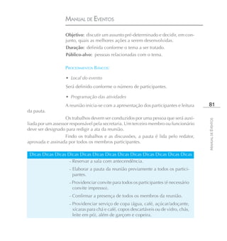 MANUAL DE EVENTOS

                   Objetivo: discutir um assunto pré-determinado e decidir, em con-
                   junto, quais as melhores ações a serem desenvolvidas.
                   Duração: definida conforme o tema a ser tratado.
                   Público-alvo: pessoas relacionadas com o tema.

                   PROCEDIMENTOS BÁSICOS:

                   • Local do evento
                   Será definido conforme o número de participantes.

                   • Programação das atividades
                   A reunião inicia-se com a apresentação dos participantes e leitura    81
da pauta.
                   Os trabalhos devem ser conduzidos por uma pessoa que será auxi-




                                                                                        MANUAL DE EVENTOS
liada por um assessor responsável pela secretaria. Um terceiro membro ou funcionário
deve ser designado para redigir a ata da reunião.
                  Findo os trabalhos e as discussões, a pauta é lida pelo redator,
aprovada e assinada por todos os membros participantes.

 Dicas Dicas Dicas Dicas Dicas Dicas Dicas Dicas Dicas Dicas Dicas Dicas Dicas
                    – Reservar a sala com antecendência.

                     – Elaborar a pauta da reunião previamente a todos os partici-
                      pantes.
                     – Providenciar convite para todos os participantes (é necessário
                      convite impresso).
                     – Confirmar a presença de todos os membros da reunião.

                     – Providenciar serviço de copa (água, café, açúcar/adoçante,
                      xícaras para chá e café, copos descartáveis ou de vidro, chás,
                      leite em pó), além de garçom e copeira.
 