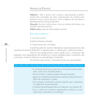 MANUAL DE EVENTOS
                                       Objetivo: aliar a teoria com a prática, aproximando os profis-
                                       sionais das novidades do setor, promovendo um contato mais
                                       próximo com as novas técnicas, com o objetivo de incentivar o
                                       aperfeiçoamento dos participantes.
                                       Duração: de oito a trinta horas, com no mínimo três horas e no
                                       máximo oito horas diárias.
                                       Público-alvo: pessoas interessadas no tema.

                                       PROCEDIMENTOS BÁSICOS:

                                       • Local do evento
                                       Auditório Petrônio Portella.
84                                     • Programação das atividades
                                       A primeira parte do evento é destinada à apresentação teórica dos
MANUAL DE EVENTOS




                    assuntos previamente definidos. A segunda parte, é voltada para a aplicação prática.
                                       Não há uma programação muito rígida para a realização dos
                    trabalhos. Eles dependerão das dinâmicas a serem adotadas pelos condutores dos
                    workshops. Cada um definirá sua metodologia de trabalho.
                                       Ao final de cada evento, conclusões devem ser apresentadas.

                     Dicas Dicas Dicas Dicas Dicas Dicas Dicas Dicas Dicas Dicas Dicas Dicas Dicas
                                       –   O workshop pode fazer parte de um evento de maior ampli-
                                            tude, como uma atividade prática.
                                       –   Deve ser feito o credenciamento dos participantes.
                                       –   Sugere-se a distribuição de pastas contendo material técnico,
                                            bloco de anotações e caneta.
                                       –   Será entregue certificado somente àqueles que cumprirem
                                            as exigências de participação.
                                       –   O número de participantes deve ser reduzido a no máximo 30.
                                       –   Fica a critério da comissão organizadora sinalizar as salas
                                            onde serão realizados os workshops.
 