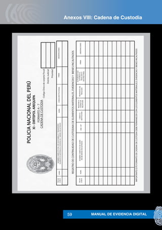 MANUAL DE EVIDENCIA DIGITAL59
FECHA
D/M/A
FECHA
D/M/A
HORA
HORADNI/CIP
CARGOO
INSTITUCIÓN
REGISTROO
CÓDIGODE
RECEPCIÓN
PROPÓSITODEL
TRASLADO
OBSERVACIONESFIRMA
AUTORIDADQUE
AUTORIZAEL
TRASLADOO
DESTINOFINAL
NOMBRECOMPLETODEQUIEN
RECIBEBIENESINCAUTADOS
NOMBRECOMPLETODEL1ROQUEEMBALAYTRANSPORTA
ELEMENTOSMATERIALES,EVIDENCIASYBIENESINCAUTADOS
HORACARGO/INSTITUCIONALFIRMAOBSERVACIONES
CódigoÚnicodecarpetaFiscal
DistritoJudicial
Prioridad
REGISTRODECONTINUIDADDECUSTODAIADEELEMENTOSMATERIALES,EVIDENCIASYBIENESINCAUTADOS
IMPORTANTEESTEFORMATODECADENADECUSTODIADEBEPERMANECERCONLOSELEMENTOSMATERIALELS.EVIDENCIASYBIENESINCAUTADOS
FORMATOA-7
CADENADECUSTODIA
POLICIANACIONALDELPERÚ
XI-DIRTEPOLAREQUIPA
Anexos VIII: Cadena de Custodia
 
