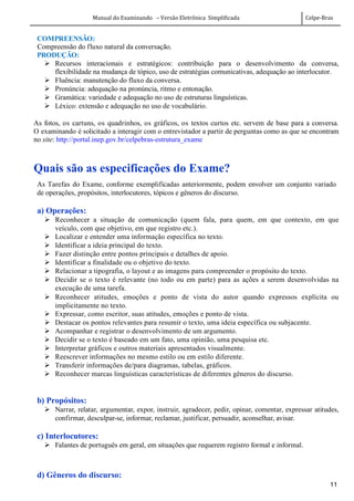 Manual do Examinando – Versão Eletrônica Simplificada Celpe-Bras
11
COMPREENSÃO:
Compreensão do fluxo natural da conversação.
PRODUÇÃO:
Recursos interacionais e estratégicos: contribuição para o desenvolvimento da conversa,
flexibilidade na mudança de tópico, uso de estratégias comunicativas, adequação ao interlocutor.
Fluência: manutenção do fluxo da conversa.
Pronúncia: adequação na pronúncia, ritmo e entonação.
Gramática: variedade e adequação no uso de estruturas linguísticas.
Léxico: extensão e adequação no uso de vocabulário.
As fotos, os cartuns, os quadrinhos, os gráficos, os textos curtos etc. servem de base para a conversa.
O examinando é solicitado a interagir com o entrevistador a partir de perguntas como as que se encontram
no site: http://portal.inep.gov.br/celpebras-estrutura_exame
Quais são as especificações do Exame?
As Tarefas do Exame, conforme exemplificadas anteriormente, podem envolver um conjunto variado
de operações, propósitos, interlocutores, tópicos e gêneros do discurso.
a) Operações:
Reconhecer a situação de comunicação (quem fala, para quem, em que contexto, em que
veículo, com que objetivo, em que registro etc.).
Localizar e entender uma informação específica no texto.
Identificar a ideia principal do texto.
Fazer distinção entre pontos principais e detalhes de apoio.
Identificar a finalidade ou o objetivo do texto.
Relacionar a tipografia, o layout e as imagens para compreender o propósito do texto.
Decidir se o texto é relevante (no todo ou em parte) para as ações a serem desenvolvidas na
execução de uma tarefa.
Reconhecer atitudes, emoções e ponto de vista do autor quando expressos explícita ou
implicitamente no texto.
Expressar, como escritor, suas atitudes, emoções e ponto de vista.
Destacar os pontos relevantes para resumir o texto, uma ideia específica ou subjacente.
Acompanhar e registrar o desenvolvimento de um argumento.
Decidir se o texto é baseado em um fato, uma opinião, uma pesquisa etc.
Interpretar gráficos e outros materiais apresentados visualmente.
Reescrever informações no mesmo estilo ou em estilo diferente.
Transferir informações de/para diagramas, tabelas, gráficos.
Reconhecer marcas linguísticas características de diferentes gêneros do discurso.
b) Propósitos:
Narrar, relatar, argumentar, expor, instruir, agradecer, pedir, opinar, comentar, expressar atitudes,
confirmar, desculpar-se, informar, reclamar, justificar, persuadir, aconselhar, avisar.
c) Interlocutores:
Falantes de português em geral, em situações que requerem registro formal e informal.
d) Gêneros do discurso:
 