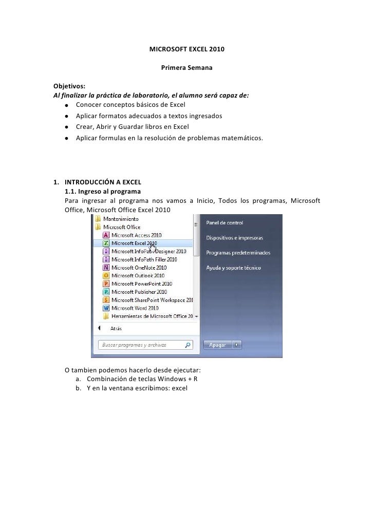 MICROSOFT EXCEL 2010                                  Primera SemanaObjetivos:Al finalizar la práctica de laboratorio, el ...