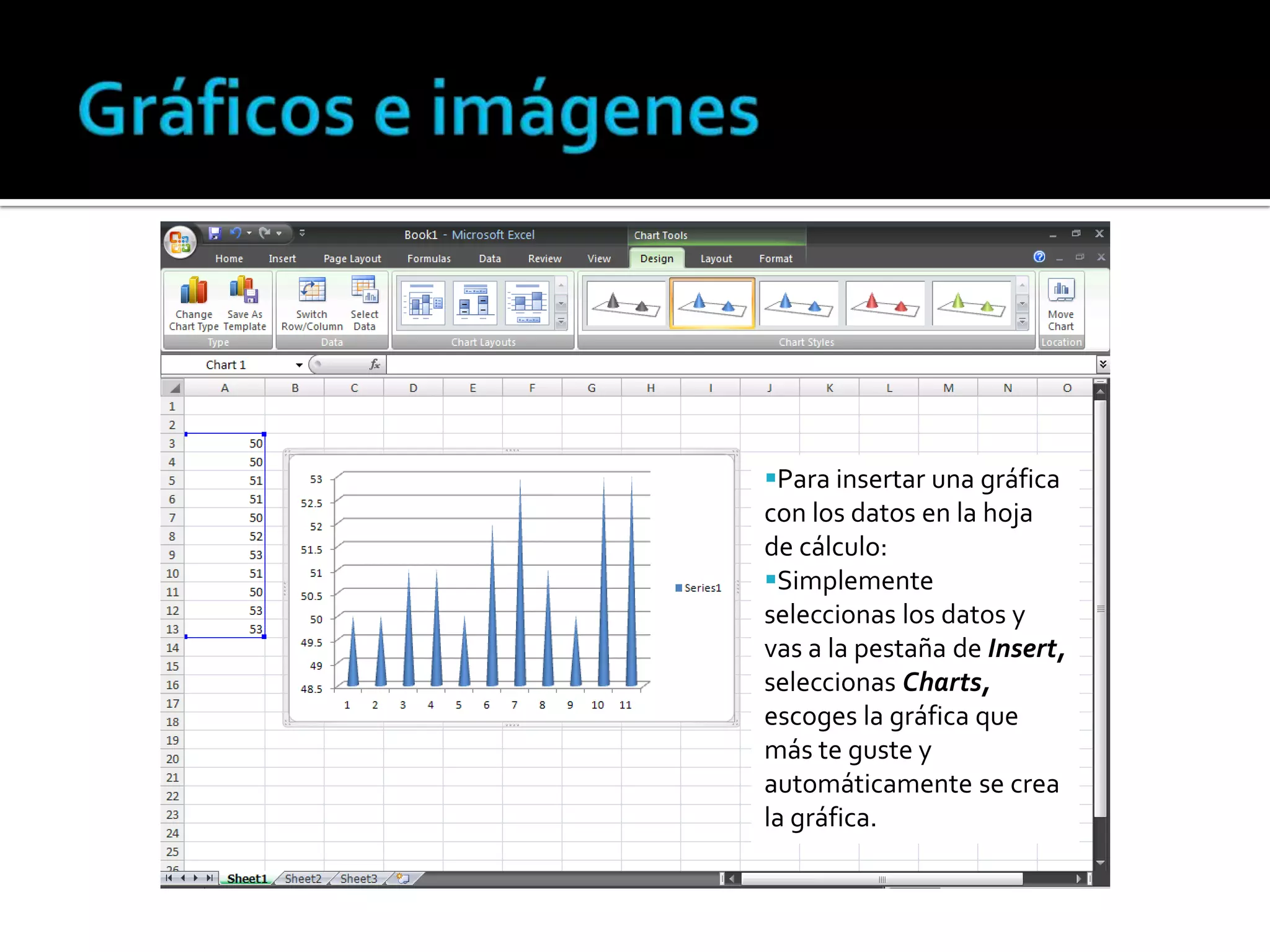 Para insertar una gráfica
con los datos en la hoja
de cálculo:
Simplemente
seleccionas los datos y
vas a la pestaña de Insert,
seleccionas Charts,
escoges la gráfica que
más te guste y
automáticamente se crea
la gráfica.

 