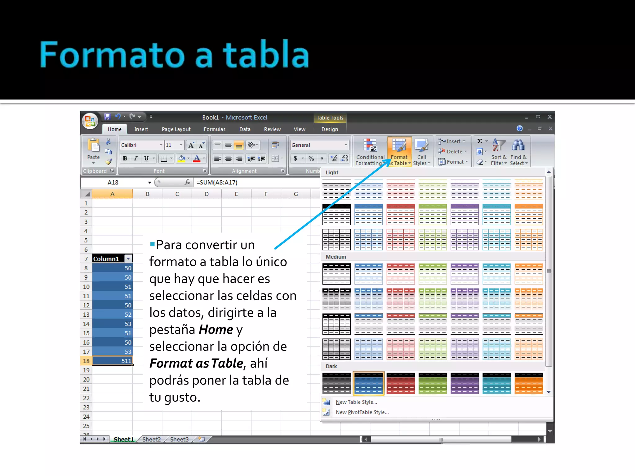 Para convertir un
formato a tabla lo único
que hay que hacer es
seleccionar las celdas con
los datos, dirigirte a la
pestaña Home y
seleccionar la opción de
Format as Table, ahí
podrás poner la tabla de
tu gusto.

 