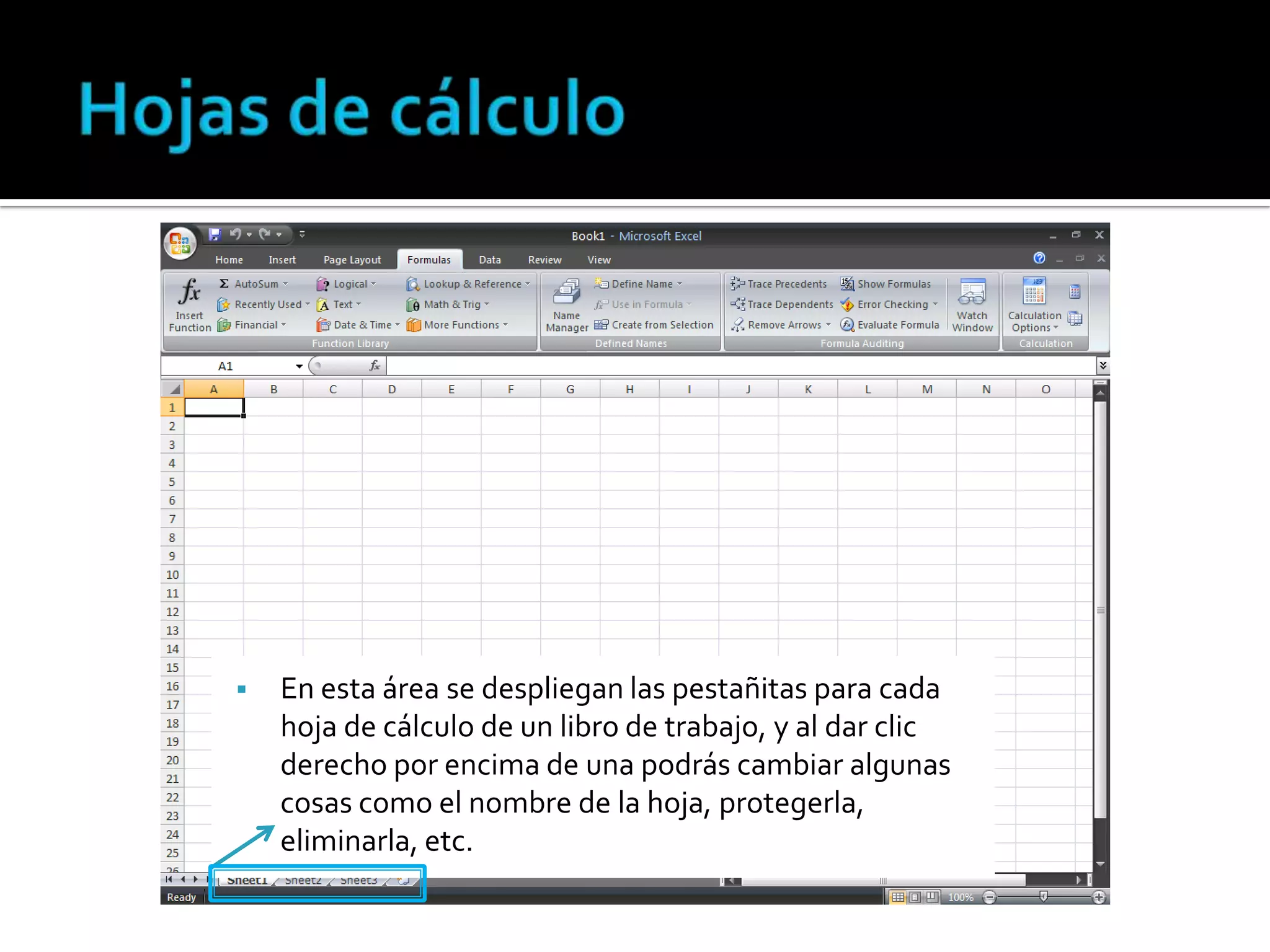 

En esta área se despliegan las pestañitas para cada
hoja de cálculo de un libro de trabajo, y al dar clic
derecho por encima de una podrás cambiar algunas
cosas como el nombre de la hoja, protegerla,
eliminarla, etc.

 