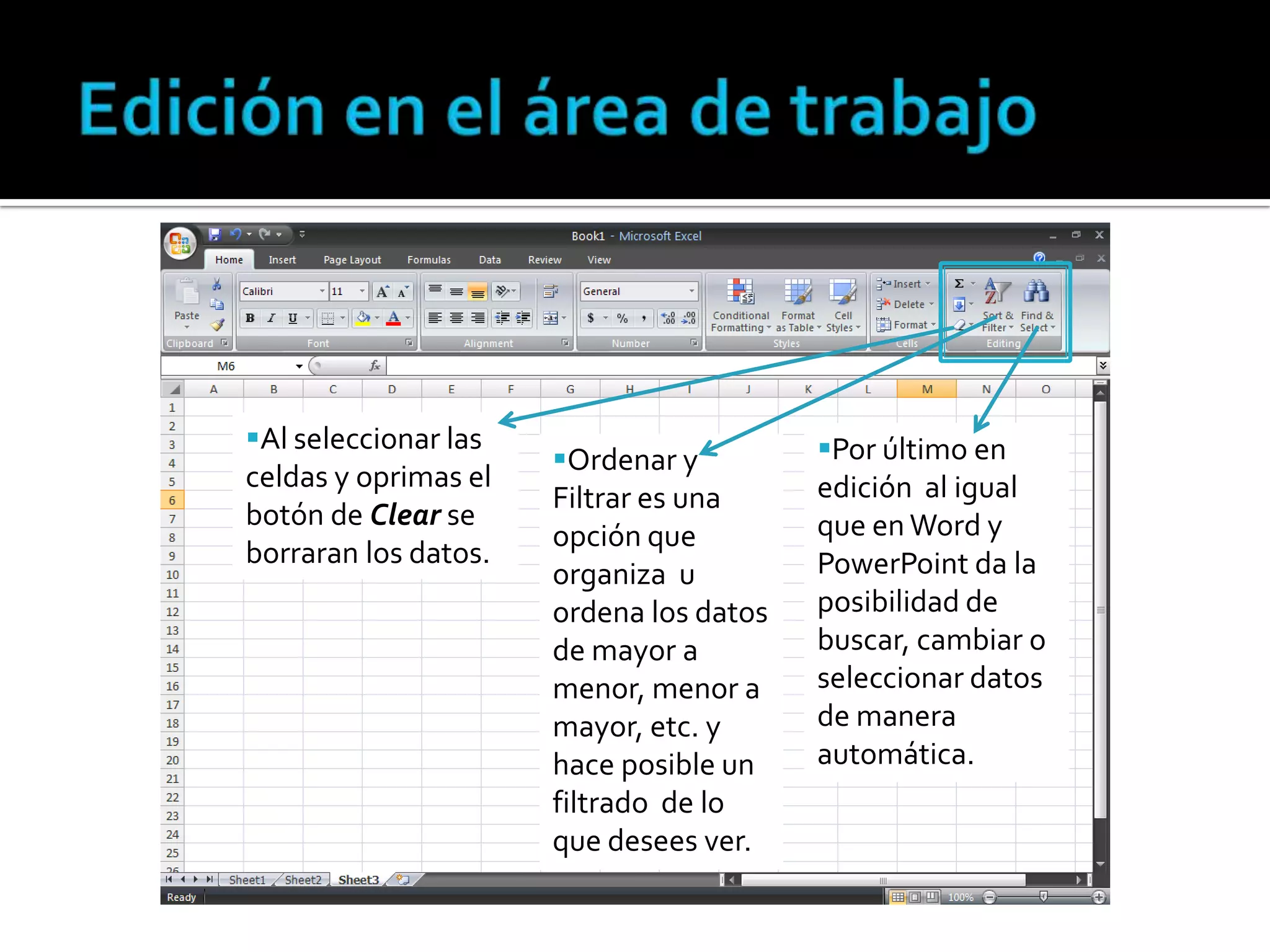Al seleccionar las
celdas y oprimas el
botón de Clear se
borraran los datos.

Ordenar y
Filtrar es una
opción que
organiza u
ordena los datos
de mayor a
menor, menor a
mayor, etc. y
hace posible un
filtrado de lo
que desees ver.

Por último en
edición al igual
que en Word y
PowerPoint da la
posibilidad de
buscar, cambiar o
seleccionar datos
de manera
automática.

 