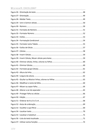 Microsoft EXCEL2007
Figura 26 – Orientação do texto ................................................................................................. 48
Figura 27 – Orientação................................................................................................................ 49
Figura 28 – Moldar Texto ............................................................................................................ 49
Figura 29 – Unir e Centrar células ............................................................................................... 50
Figura 30 – Número .................................................................................................................... 50
Figura 31 – Formatos de Número ............................................................................................... 51
Figura 32 – Formatar Número .................................................................................................... 52
Figura 33 – Estilos ....................................................................................................................... 53
Figura 34 – Formatação Condicional .......................................................................................... 54
Figura 35 – Formatar como Tabela ............................................................................................. 55
Figura 36 – Estilos de Célula ....................................................................................................... 57
Figura 37 – Células ...................................................................................................................... 58
Figura 38 – Inserir Células ........................................................................................................... 59
Figura 39 – Inserir Células, Mover células para baixo................................................................. 59
Figura 40 – Eliminar células, linhas, colunas ou folhas ............................................................... 60
Figura 41 – Eliminar Células ........................................................................................................ 60
Figura 42 – Formatar grupo Células ............................................................................................ 61
Figura 43 – Altura da linha .......................................................................................................... 62
Figura 44 – Largura da coluna ..................................................................................................... 62
Figura 45 – Ocultar ou Mostrar linhas, colunas ou folhas .......................................................... 63
Figura 46 – Modificar o nome da folha ....................................................................................... 64
Figura 47 – Mover ou copiar folha .............................................................................................. 64
Figura 48 – Alterar a cor do separador ....................................................................................... 65
Figura 49 – Proteger folha ou células ......................................................................................... 66
Figura 50 – Edição ....................................................................................................................... 67
Figura 51 – Ordenar de A a Z e Z a A ........................................................................................... 68
Figura 52 – Aviso de ordenação .................................................................................................. 69
Figura 53 – Escolher o que filtrar. ............................................................................................... 69
Figura 54 – Localizer texto .......................................................................................................... 70
Figura 55 – Localizar e Substituir ................................................................................................ 71
Figura 56 – Lista do texto localizado ........................................................................................... 71
Figura 57 – Utilizar outras funções ............................................................................................. 72
 