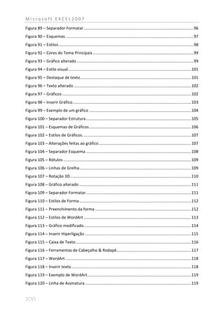 Microsoft EXCEL2007
Figura 89 – Separador Formatar ................................................................................................. 96
Figura 90 – Esquemas ................................................................................................................. 97
Figura 91 – Estilos ....................................................................................................................... 98
Figura 92 – Cores do Tema Principais ......................................................................................... 99
Figura 93 – Gráfico alterado ....................................................................................................... 99
Figura 94 – Estilo visual ............................................................................................................. 101
Figura 95 – Destaque de texto .................................................................................................. 101
Figura 96 – Texto alterado ........................................................................................................ 102
Figura 97 – Gráficos .................................................................................................................. 102
Figura 98 – Inserir Gráfico......................................................................................................... 103
Figura 99 – Exemplo de um gráfico .......................................................................................... 104
Figura 100 – Separador Estrutura ............................................................................................. 105
Figura 101 – Esquemas de Gráficos .......................................................................................... 106
Figura 102 – Estilos de Gráficos. ............................................................................................... 107
Figura 103 – Alterações feitas ao gráfico .................................................................................. 107
Figura 104 – Separador Esquema ............................................................................................. 108
Figura 105 – Rótulos ................................................................................................................. 109
Figura 106 – Linhas de Grelha................................................................................................... 109
Figura 107 – Rotação 3D ........................................................................................................... 110
Figura 108 – Gráfico alterado ................................................................................................... 111
Figura 109 – Separador Formatar. ............................................................................................ 111
Figura 110 – Estilos de Forma ................................................................................................... 112
Figura 111 – Preenchimento da forma ..................................................................................... 112
Figura 112 – Estilos de WordArt ............................................................................................... 113
Figura 113 – Gráfico modificado ............................................................................................... 114
Figura 114 – Inserir Hiperligação .............................................................................................. 115
Figura 115 – Caixa de Texto ...................................................................................................... 116
Figura 116 – Ferramentas de Cabeçalho & Rodapé.................................................................. 117
Figura 117 – WordArt ............................................................................................................... 118
Figura 118 – Inserir texto .......................................................................................................... 118
Figura 119 – Exemplo de WordArt............................................................................................ 119
Figura 120 – Linha de Assinatura .............................................................................................. 119
 