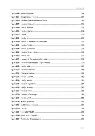 Índices

Figura 184 – Soma Automática ................................................................................................. 168
Figura 185 – Categorias de Funções ......................................................................................... 169
Figura 186 – Funções Recentemente Utilizados ....................................................................... 169
Figura 187 – Funções Financeiras ............................................................................................. 170
Figura 188 – Função Nominal ................................................................................................... 171
Figura 189 – Funções Lógicas.................................................................................................... 172
Figura 190 – Tabela ................................................................................................................... 172
Figura 191 – Função SE ............................................................................................................. 173
Figura 192 – Função SE na tabela de comissões ....................................................................... 173
Figura 193 – Funções Texto ...................................................................................................... 174
Figura 194 – Função Maiúsculas ............................................................................................... 175
Figura 195 – Funções Data e Hora ............................................................................................ 176
Figura 196 – Função Data ......................................................................................................... 177
Figura 197 – Funções de Consulta e Referência ....................................................................... 178
Figura 198 – Funções Matemática e Trigonometria ................................................................. 179
Figura 199 – Função ABS........................................................................................................... 180
Figura 200 – Funções Estatística ............................................................................................... 181
Figura 201 – Tabela de idades .................................................................................................. 182
Figura 202 – Função Máximo .................................................................................................... 182
Figura 203 – Função Média....................................................................................................... 183
Figura 204 – Funções Engenharia ............................................................................................. 184
Figura 205 – Função Binadec .................................................................................................... 185
Figura 206 – Funções Cubo ....................................................................................................... 186
Figura 207 – Funções Informações ........................................................................................... 187
Figura 208 – Função ÉPAR ........................................................................................................ 188
Figura 209 – Nomes Definidos .................................................................................................. 189
Figura 210 – Auditoria de Fórmulas .......................................................................................... 190
Figura 211 – Cálculo .................................................................................................................. 191
Figura 212 – Separador REVER ................................................................................................. 195
Figura 213 – Verificação Ortográfica ........................................................................................ 196
Figura 214 – Verificação de Vocabulário .................................................................................. 196
 