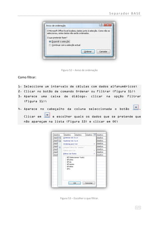 Separador BASE




                              Figura 52 – Aviso de ordenação

Como filtrar:

1. Seleccione um intervalo de células com dados alfanuméricos;
2. Clicar no botão de comando Ordenar ou Filtrar (Figura 51);
3. Aparece      uma   caixa     de    diálogo,        clicar    na   opção   Filtrar
    (Figura 51);

4. Aparece no cabeçalho da coluna seleccionada o botão                             .

    Clicar em         e escolher quais os dados que se pretende que
    não apareçam na lista (Figura 53) e clicar em OK;




                          Figura 53 – Escolher o que filtrar.
 