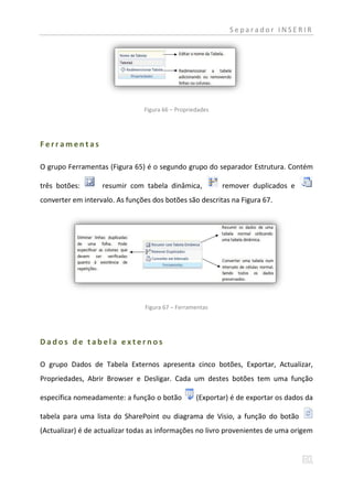 Separador INSERIR




                                Figura 66 – Propriedades




Ferramentas

O grupo Ferramentas (Figura 65) é o segundo grupo do separador Estrutura. Contém

três botões:       resumir com tabela dinâmica,            remover duplicados e
converter em intervalo. As funções dos botões são descritas na Figura 67.




                                Figura 67 – Ferramentas




Dados de tabela externos

O grupo Dados de Tabela Externos apresenta cinco botões, Exportar, Actualizar,
Propriedades, Abrir Browser e Desligar. Cada um destes botões tem uma função

específica nomeadamente: a função o botão          (Exportar) é de exportar os dados da

tabela para uma lista do SharePoint ou diagrama de Visio, a função do botão
(Actualizar) é de actualizar todas as informações no livro provenientes de uma origem
 