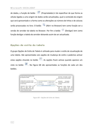 Microsoft EXCEL2007

de dados, a função do botão           (Propriedades) é de especificar de que forma as
células ligadas a uma origem de dados serão actualizadas, qual o conteúdo da origem
que será apresentado e a forma como as alterações ao número de linhas e de colunas

serão processadas no livro. O botão          (Abrir no Browser) tem como função ver a

versão de servidor da tabela no Browser. Por fim o botão             (Desligar) tem como
função desligar a tabela do servidor deixando assim de ser actualizada.




Opções de estilo da tabela

O grupo Opções de Estilo da Tabela é utilizado para mudar o estilo de visualização de
uma tabela. São apresentadas seis opções de mudança de estilo e podemos activar

estas opções clicando no botão          . As opções ficam activas quando aparece um

visto no botão       . Na Figura 68 são apresentadas as funções de cada um dos
botões.




                           Figura 68 – Opções de Estilo da Tabela.
 