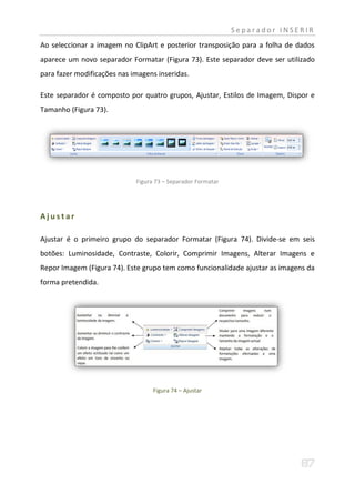 Separador INSERIR
Ao seleccionar a imagem no ClipArt e posterior transposição para a folha de dados
aparece um novo separador Formatar (Figura 73). Este separador deve ser utilizado
para fazer modificações nas imagens inseridas.

Este separador é composto por quatro grupos, Ajustar, Estilos de Imagem, Dispor e
Tamanho (Figura 73).




                             Figura 73 – Separador Formatar




Ajustar

Ajustar é o primeiro grupo do separador Formatar (Figura 74). Divide-se em seis
botões: Luminosidade, Contraste, Colorir, Comprimir Imagens, Alterar Imagens e
Repor Imagem (Figura 74). Este grupo tem como funcionalidade ajustar as imagens da
forma pretendida.




                                   Figura 74 – Ajustar
 
