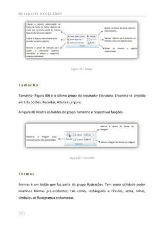 Microsoft EXCEL2007




                                   Figura 79 – Dispor




Tamanho

Tamanho (Figura 80) é o último grupo do separador Estrutura. Encontra-se dividido
em três botões: Recortar, Altura e Largura.

A Figura 80 mostra os botões do grupo Tamanho e respectivas funções.




                                  Figura 80 – Tamanho




Formas

Formas é um botão que faz parte do grupo Ilustrações. Tem como utilidade poder
inserir-se formas pré-existentes, tais como, rectângulos e círculos, setas, linhas,
símbolos de fluxogramas e chamadas.
 