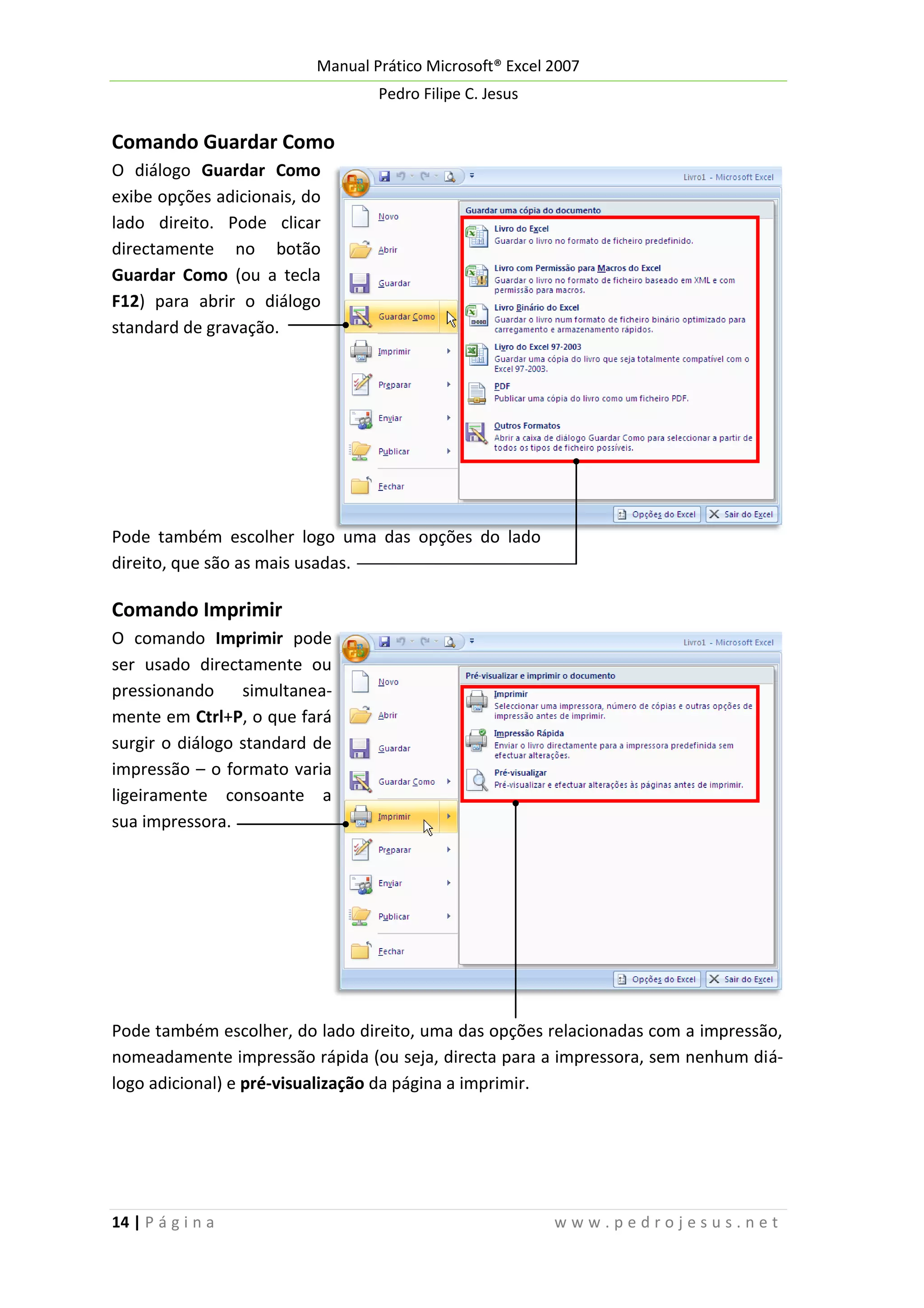 Manual Prático Microsoft® Excel 2007
Pedro Filipe C. Jesus

Comando Guardar Como
O diálogo Guardar Como
exibe opções adicionais, do
lado direito. Pode clicar
directamente no botão
Guardar Como (ou a tecla
F12) para abrir o diálogo
standard de gravação.

Pode também escolher logo uma das opções do lado
direito, que são as mais usadas.

Comando Imprimir
O comando Imprimir pode
ser usado directamente ou
pressionando
simultaneamente em Ctrl+P, o que fará
surgir o diálogo standard de
impressão – o formato varia
ligeiramente consoante a
sua impressora.

Pode também escolher, do lado direito, uma das opções relacionadas com a impressão,
nomeadamente impressão rápida (ou seja, directa para a impressora, sem nenhum diálogo adicional) e pré-visualização da página a imprimir.

14 | P á g i n a

www.pedrojesus.net

 