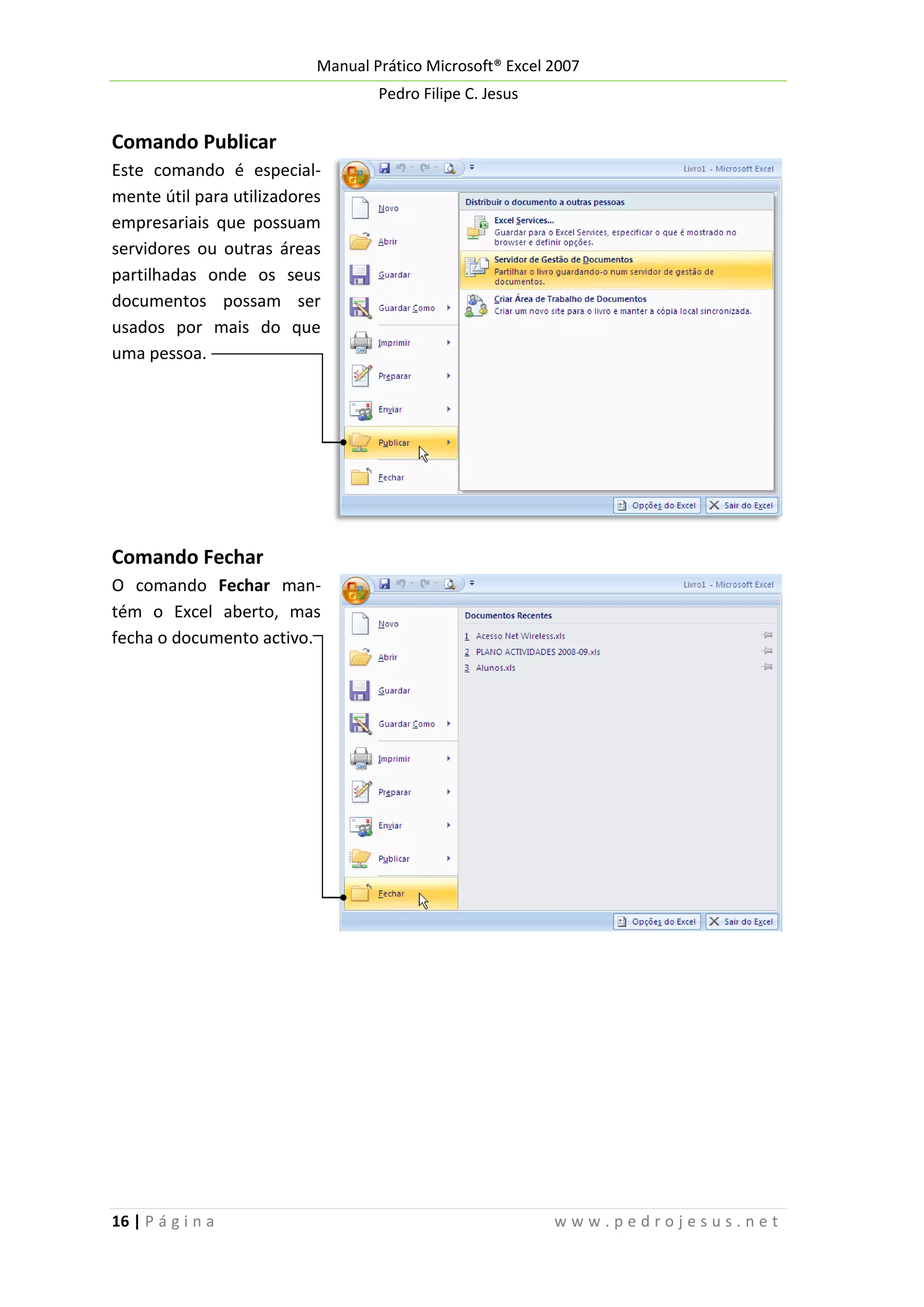 Manual Prático Microsoft® Excel 2007
Pedro Filipe C. Jesus

Comando Publicar
Este comando é especialmente útil para utilizadores
empresariais que possuam
servidores ou outras áreas
partilhadas onde os seus
documentos possam ser
usados por mais do que
uma pessoa.

Comando Fechar
O comando Fechar mantém o Excel aberto, mas
fecha o documento activo.

16 | P á g i n a

www.pedrojesus.net

 