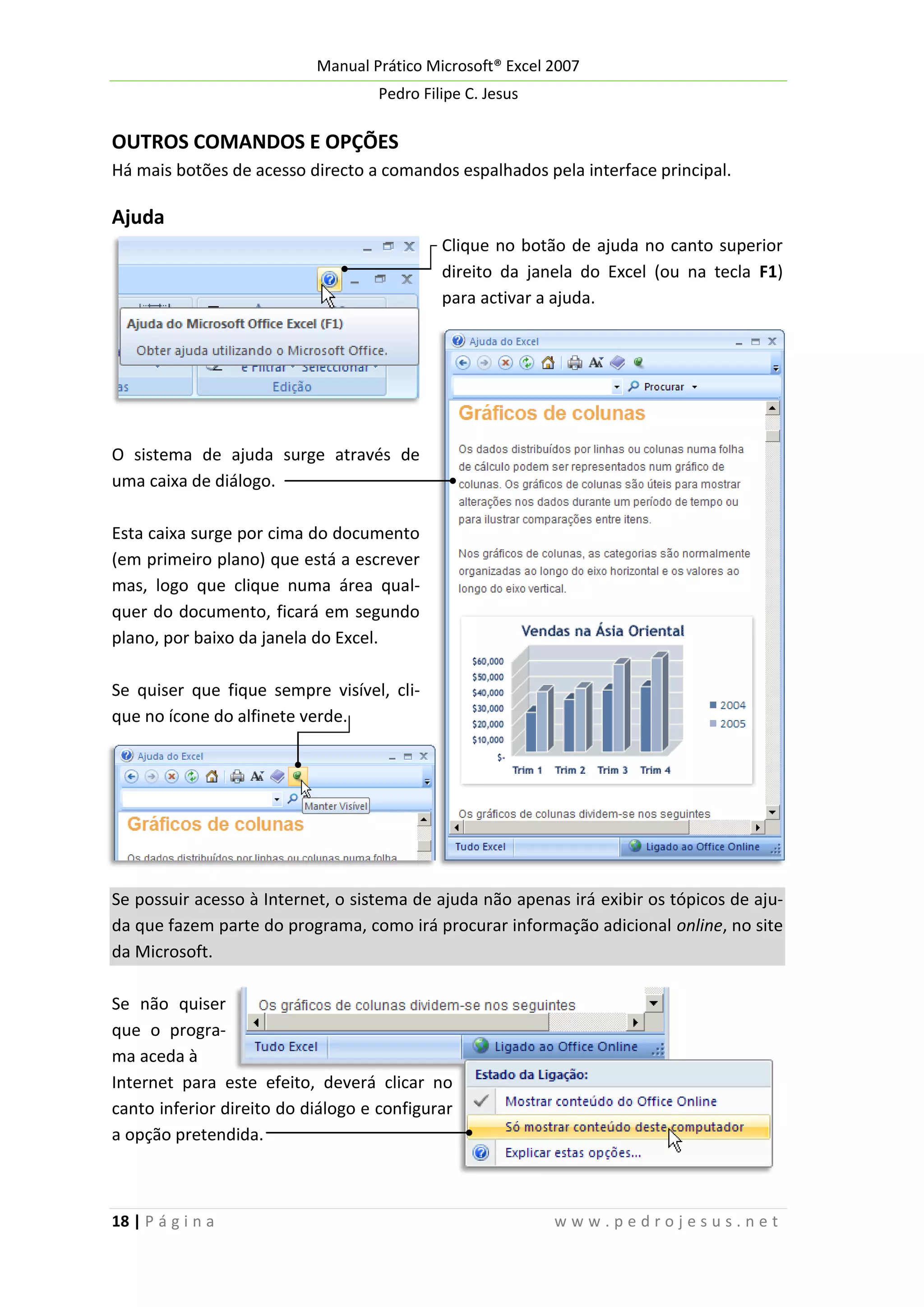 Manual Prático Microsoft® Excel 2007
Pedro Filipe C. Jesus

OUTROS COMANDOS E OPÇÕES
Há mais botões de acesso directo a comandos espalhados pela interface principal.

Ajuda
Clique no botão de ajuda no canto superior
direito da janela do Excel (ou na tecla F1)
para activar a ajuda.

O sistema de ajuda surge através de
uma caixa de diálogo.
Esta caixa surge por cima do documento
(em primeiro plano) que está a escrever
mas, logo que clique numa área qualquer do documento, ficará em segundo
plano, por baixo da janela do Excel.
Se quiser que fique sempre visível, clique no ícone do alfinete verde.

Se possuir acesso à Internet, o sistema de ajuda não apenas irá exibir os tópicos de ajuda que fazem parte do programa, como irá procurar informação adicional online, no site
da Microsoft.
Se não quiser
que o programa aceda à
Internet para este efeito, deverá clicar no
canto inferior direito do diálogo e configurar
a opção pretendida.

18 | P á g i n a

www.pedrojesus.net

 