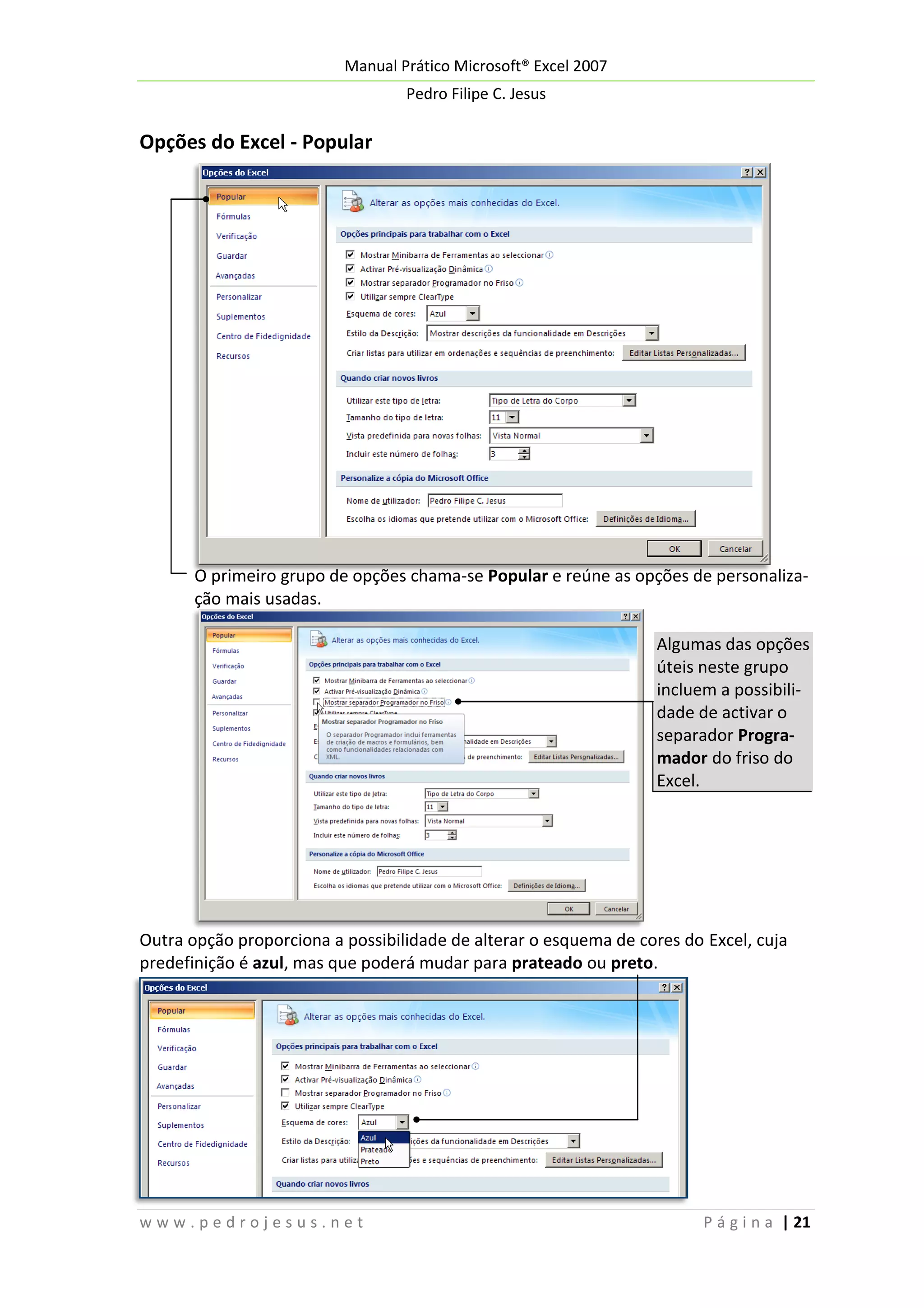 Manual Prático Microsoft® Excel 2007
Pedro Filipe C. Jesus

Opções do Excel - Popular

O primeiro grupo de opções chama-se Popular e reúne as opções de personalização mais usadas.
Algumas das opções
úteis neste grupo
incluem a possibilidade de activar o
separador Programador do friso do
Excel.

Outra opção proporciona a possibilidade de alterar o esquema de cores do Excel, cuja
predefinição é azul, mas que poderá mudar para prateado ou preto.

www.pedrojesus.net

P á g i n a | 21

 