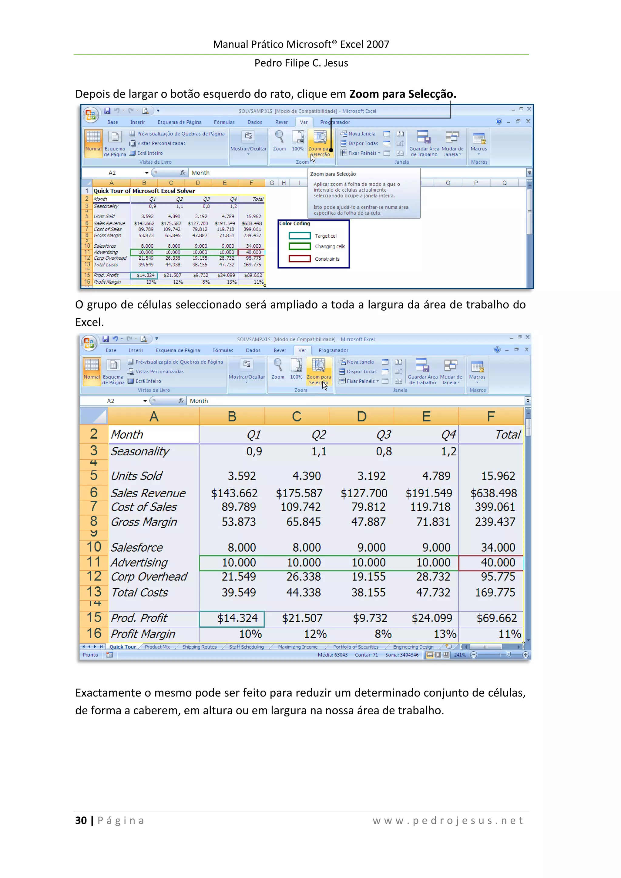 Manual Prático Microsoft® Excel 2007
Pedro Filipe C. Jesus

Depois de largar o botão esquerdo do rato, clique em Zoom para Selecção.

O grupo de células seleccionado será ampliado a toda a largura da área de trabalho do
Excel.

Exactamente o mesmo pode ser feito para reduzir um determinado conjunto de células,
de forma a caberem, em altura ou em largura na nossa área de trabalho.

30 | P á g i n a

www.pedrojesus.net

 
