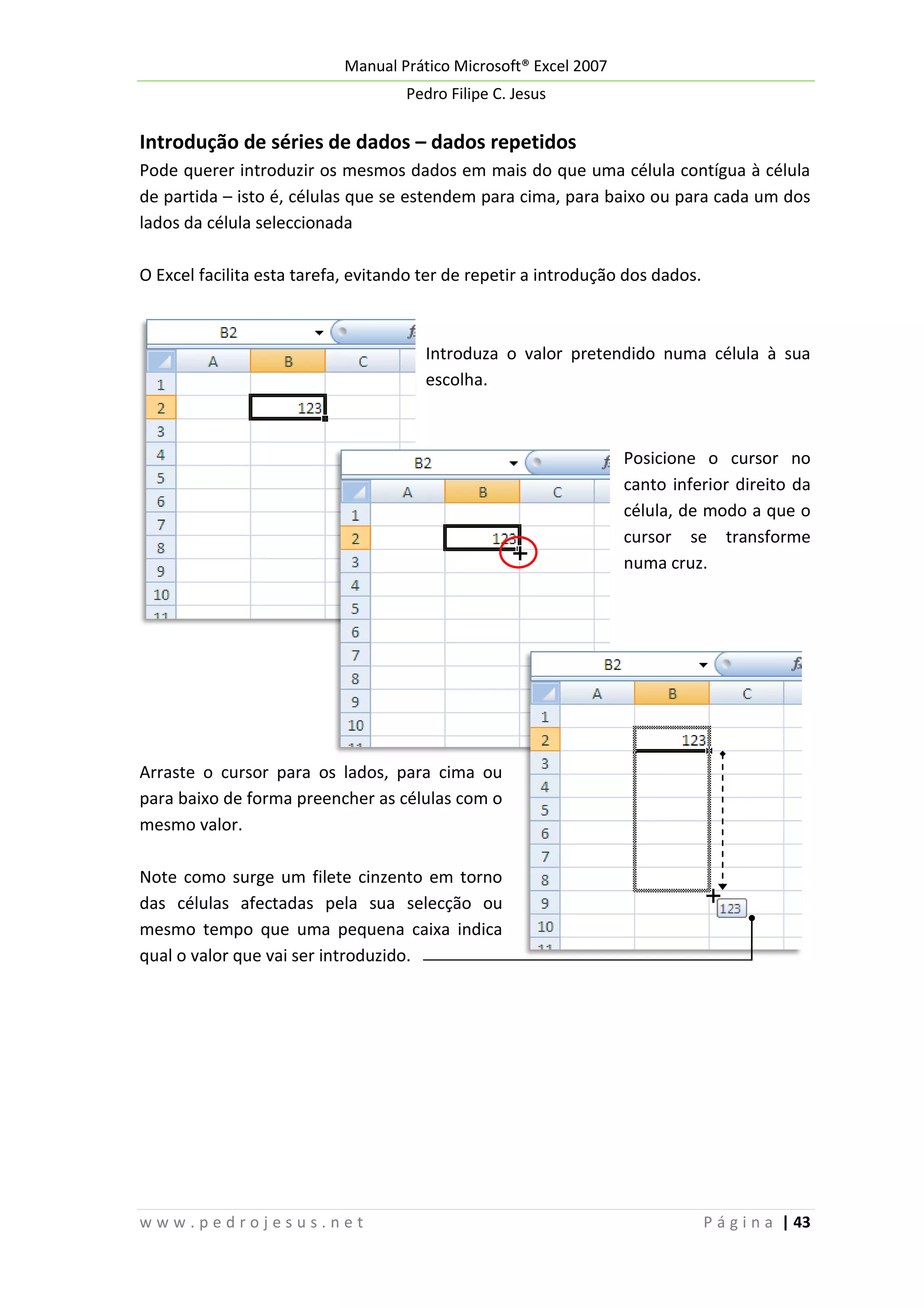 Manual Prático Microsoft® Excel 2007
Pedro Filipe C. Jesus

Introdução de séries de dados – dados repetidos
Pode querer introduzir os mesmos dados em mais do que uma célula contígua à célula
de partida – isto é, células que se estendem para cima, para baixo ou para cada um dos
lados da célula seleccionada
O Excel facilita esta tarefa, evitando ter de repetir a introdução dos dados.

Introduza o valor pretendido numa célula à sua
escolha.

Posicione o cursor no
canto inferior direito da
célula, de modo a que o
cursor se transforme
numa cruz.

Arraste o cursor para os lados, para cima ou
para baixo de forma preencher as células com o
mesmo valor.
Note como surge um filete cinzento em torno
das células afectadas pela sua selecção ou
mesmo tempo que uma pequena caixa indica
qual o valor que vai ser introduzido.

www.pedrojesus.net

P á g i n a | 43

 