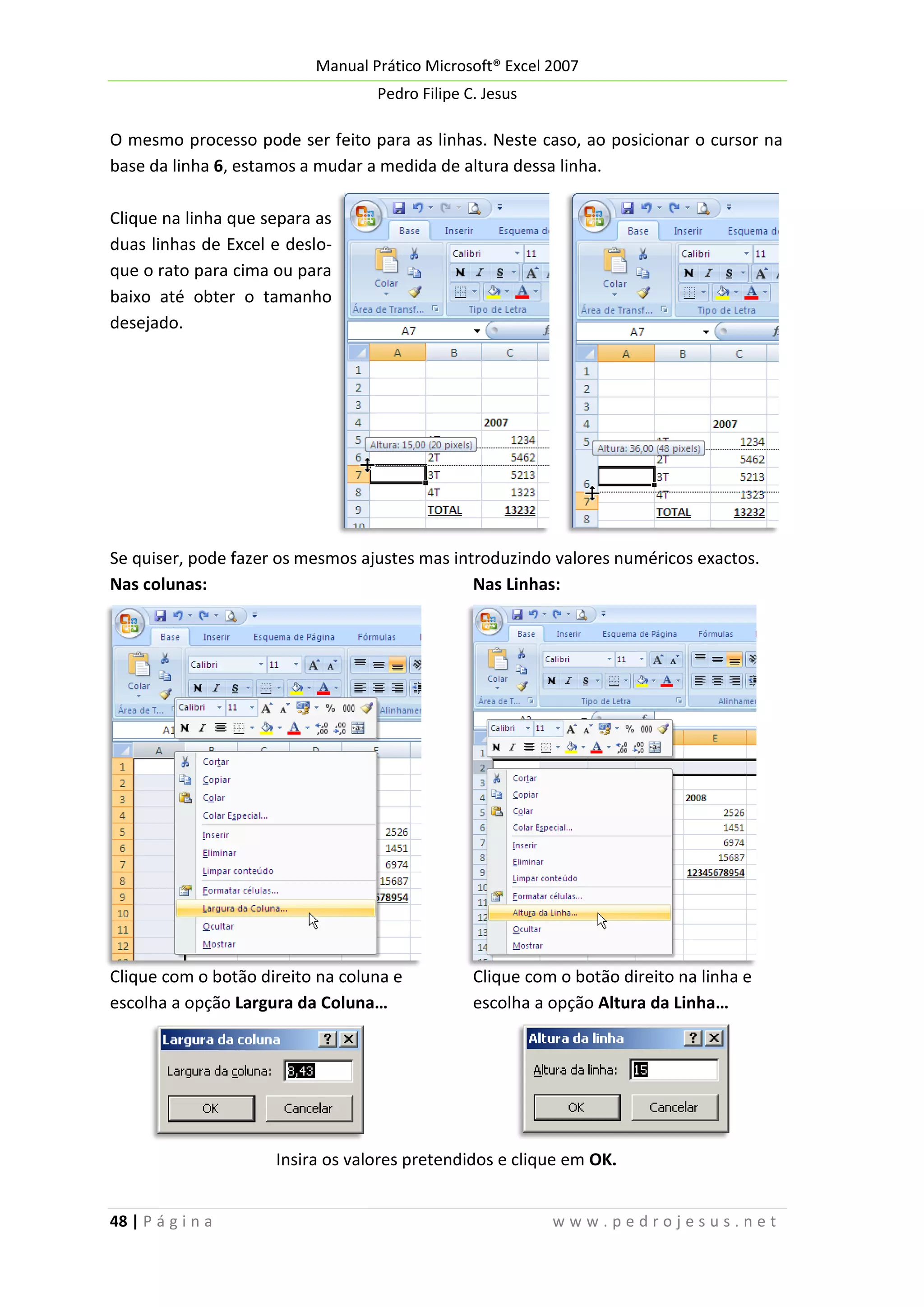 Manual Prático Microsoft® Excel 2007
Pedro Filipe C. Jesus

O mesmo processo pode ser feito para as linhas. Neste caso, ao posicionar o cursor na
base da linha 6, estamos a mudar a medida de altura dessa linha.
Clique na linha que separa as
duas linhas de Excel e desloque o rato para cima ou para
baixo até obter o tamanho
desejado.

Se quiser, pode fazer os mesmos ajustes mas introduzindo valores numéricos exactos.
Nas colunas:
Nas Linhas:

Clique com o botão direito na coluna e
escolha a opção Largura da Coluna…

Clique com o botão direito na linha e
escolha a opção Altura da Linha…

Insira os valores pretendidos e clique em OK.
48 | P á g i n a

www.pedrojesus.net

 