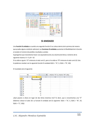 SI ANIDADO
Una función SI anidada es cuando una segunda función SI se coloca dentro de la primera de manera
que pruebe alguna condición adicional. Las funciones SI anidadas aumentan la flexibilidad de la función
al ampliar el número de posibles resultados a probar.
Supongamos que necesitamos hacer una equivalencia de una columna de letras a números de la
siguiente manera: A = 5 y B = 10
Si la celda es igual a “A” entonces el valor será 5, pero si la celda es “B” entonces el valor será 10. Esto
lo podemos resolver con la siguiente función SI anidado:SI(A1 = "A", 5, SI(A1 = "B", 10))

El resultado será el siguiente:

¿Qué pasaría si ahora en lugar de dos letras tenemos tres? Es decir, que si encontramos una “C”
debemos colocar el valor 20. La función SI anidada será la siguiente: SI(A1 = "A", 5, SI(A1 = "B", 10,
SI(A1 = "C", 20)))

L.SC. Alejandro Mendoza Espindola

11

 