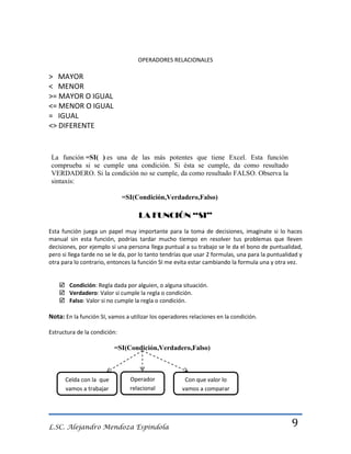 OPERADORES RELACIONALES

> MAYOR
< MENOR
>= MAYOR O IGUAL
<= MENOR O IGUAL
= IGUAL
<> DIFERENTE

La función =SI( ) es una de las más potentes que tiene Excel. Esta función
comprueba si se cumple una condición. Si ésta se cumple, da como resultado
VERDADERO. Si la condición no se cumple, da como resultado FALSO. Observa la
sintaxis:
=SI(Condición,Verdadero,Falso)

LA FUNCIÓN “SI”
Esta función juega un papel muy importante para la toma de decisiones, imagínate si lo haces
manual sin esta función, podrías tardar mucho tiempo en resolver tus problemas que lleven
decisiones, por ejemplo si una persona llega puntual a su trabajo se le da el bono de puntualidad,
pero si llega tarde no se le da, por lo tanto tendrías que usar 2 formulas, una para la puntualidad y
otra para lo contrario, entonces la función SI me evita estar cambiando la formula una y otra vez.

 Condición: Regla dada por alguien, o alguna situación.
 Verdadero: Valor si cumple la regla o condición.
 Falso: Valor si no cumple la regla o condición.

Nota: En la función SI, vamos a utilizar los operadores relaciones en la condición.
Estructura de la condición:

=SI(Condición,Verdadero,Falso)

Celda con la que
vamos a trabajar

Operador
relacional

L.SC. Alejandro Mendoza Espindola

Con que valor lo
vamos a comparar

9

 
