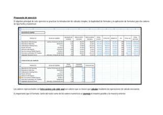 Propuesta de ejercicio
El objetivo principal de este ejercicio es practicar la introducción de cálculos simples, la duplicidad de fórmulas y la aplicación de formatos para los valores
de tipo fecha y numéricos .

Los valores representados con letra cursiva y de color azul son valores que se tienen que calcular mediante las operaciones de cálculo necesarias.
Es importante que el formato, tanto del texto como de los valores numéricos se asemeje lo máximo posible a la muestra anterior.

 