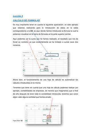 Lección 5
CALCULO DE FORMULAS
Es muy importante tener en cuenta la siguiente apreciación, en este ejemplo
que estamos realizando para la introducción de datos en la celda
correspondiente a la C6, es aquí donde hemos introducido la fórmula la cual la
podemos visualizar en la barra de fórmulas en la parte superior central.
Aquí podemos ver la suma que he hemos realizado, el resultado que nos da
Excel es correcto, ya que evidentemente se ha limitado a sumar esos dos
números.

Ahora bien, el funcionamiento de una hoja de cálculo es automatizar los
cálculos introducidos en la misma.
Tenemos que tener en cuenta que una hoja de cálculo podemos realizar por
ejemplo, contabilidades de empresas, de manera que imaginemos que a final
de año después de tener toda la contabilidad introducida, tenemos que variar
algún valor alguna cantidad que hemos errado,

Página 13 de 102

 