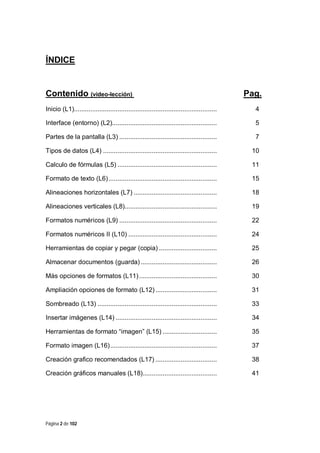 ÍNDICE

Contenido (video-lección)

Pag.

Inicio (L1)...............................................................................

4

Interface (entorno) (L2)..........................................................

5

Partes de la pantalla (L3) ......................................................

7

Tipos de datos (L4) ...............................................................

10

Calculo de fórmulas (L5) .......................................................

11

Formato de texto (L6)............................................................

15

Alineaciones horizontales (L7) ..............................................

18

Alineaciones verticales (L8)...................................................

19

Formatos numéricos (L9) ......................................................

22

Formatos numéricos II (L10) .................................................

24

Herramientas de copiar y pegar (copia) ................................

25

Almacenar documentos (guarda) ..........................................

26

Más opciones de formatos (L11) ...........................................

30

Ampliación opciones de formato (L12) ..................................

31

Sombreado (L13) ..................................................................

33

Insertar imágenes (L14) ........................................................

34

Herramientas de formato “imagen” (L15) ..............................

35

Formato imagen (L16)...........................................................

37

Creación grafico recomendados (L17) ..................................

38

Creación gráficos manuales (L18).........................................

41

Página 2 de 102

 