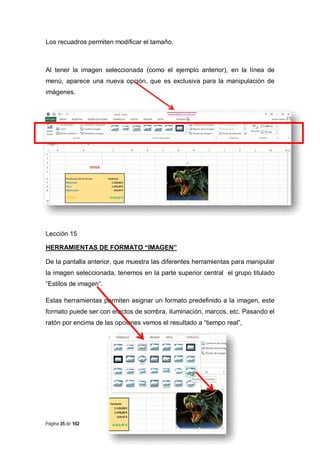 Los recuadros permiten modificar el tamaño.

Al tener la imagen seleccionada (como el ejemplo anterior), en la línea de
menú, aparece una nueva opción, que es exclusiva para la manipulación de
imágenes.

Lección 15
HERRAMIENTAS DE FORMATO “IMAGEN”
De la pantalla anterior, que muestra las diferentes herramientas para manipular
la imagen seleccionada, tenemos en la parte superior central el grupo titulado
“Estilos de imagen”.
Estas herramientas permiten asignar un formato predefinido a la imagen, este
formato puede ser con efectos de sombra, iluminación, marcos, etc. Pasando el
ratón por encima de las opciones vemos el resultado a “tiempo real”,

Página 35 de 102

 