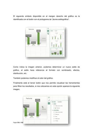 El siguiente símbolo disponible en el margen derecho del gráfico es la
identificada con el botón con el pictograma de “pluma estilográfica”.

Como indica la imagen anterior, podemos determinar un nuevo estilo de
gráfico, el estilo hace referencia al formato con sombreado, efectos,
distribución, etc.
También podemos modificar el color del gráfico.
Finalmente está el tercer botón que nos permite visualizar las herramientas
para filtrar los resultados, si nos colocamos en esta opción aparece la siguiente
imagen,

Página 50 de 102

 