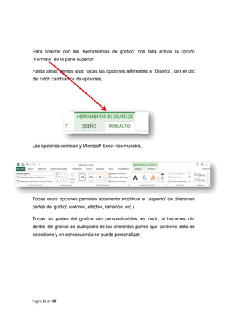 Para finalizar con las “herramientas de grafico” nos falta activar la opción
“Formato” de la parte superior.
Hasta ahora hemos visto todas las opciones referentes a “Diseño”, con el clic
del ratón cambiamos de opciones,

Las opciones cambian y Microsoft Excel nos muestra,

Todas estas opciones permiten solamente modificar el “aspecto” de diferentes
partes del grafico (colores, efectos, tamaños, etc.)
Todas las partes del grafico son personalizables, es decir, si hacemos clic
dentro del grafico en cualquiera de las diferentes partes que contiene, esta se
selecciona y en consecuencia se puede personalizar,

Página 55 de 102

 