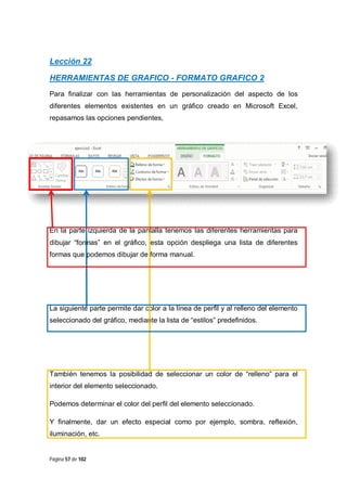 Lección 22
HERRAMIENTAS DE GRAFICO - FORMATO GRAFICO 2
Para finalizar con las herramientas de personalización del aspecto de los
diferentes elementos existentes en un gráfico creado en Microsoft Excel,
repasamos las opciones pendientes,

En la parte izquierda de la pantalla tenemos las diferentes herramientas para
dibujar “formas” en el gráfico, esta opción despliega una lista de diferentes
formas que podemos dibujar de forma manual.

La siguiente parte permite dar color a la línea de perfil y al relleno del elemento
seleccionado del gráfico, mediante la lista de “estilos” predefinidos.

También tenemos la posibilidad de seleccionar un color de “relleno” para el
interior del elemento seleccionado.
Podemos determinar el color del perfil del elemento seleccionado.
Y finalmente, dar un efecto especial como por ejemplo, sombra, reflexión,
iluminación, etc.

Página 57 de 102

 
