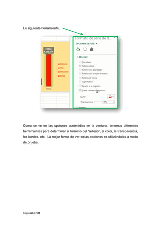 La siguiente herramienta,

Como se ve en las opciones contenidas en la ventana, tenemos diferentes
herramientas para determinar el formato del “relleno”, el color, la transparencia,
los bordes, etc. La mejor forma de ver estas opciones es utilizándolas a modo
de prueba.

Página 60 de 102

 