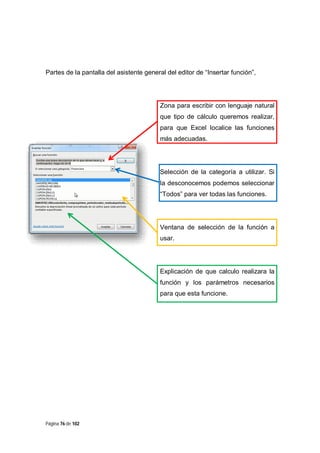 Partes de la pantalla del asistente general del editor de “Insertar función”,

Zona para escribir con lenguaje natural
que tipo de cálculo queremos realizar,
para que Excel localice las funciones
más adecuadas.

Selección de la categoría a utilizar. Si
la desconocemos podemos seleccionar
“Todos” para ver todas las funciones.

Ventana de selección de la función a
usar.

Explicación de que calculo realizara la
función y los parámetros necesarios
para que esta funcione.

Página 76 de 102

 