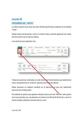 Lección 29
OPCIONES DE “VISTA”
La última opción de la línea de menú de Microsoft Excel a estudiar es la titulada
“Vista”.
Desde estas herramientas, como el nombre indica, permite gestionar las vistas
del documento de la hoja de cálculo.
Las opciones que aparecen son,

Todas las opciones mostradas en este menú, son herramientas que determinan
como visualizaremos el “entorno” general de la hoja de cálculo.
Estas opciones no realizan cambios en el ejercicio, ya que son solamente
opciones de configuración.
Por defecto la opción que aparece siempre activa es la de “Normal” esta opción
es la que permite que visualicemos el entorno de Microsoft Excel tal y como lo
hemos estado utilizando durante todo el curso.

Página 93 de 102

 