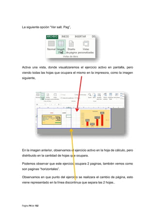 La siguiente opción “Ver salt. Pag”,

Activa una vista, donde visualizaremos el ejercicio activo en pantalla, pero
viendo todas las hojas que ocupara el mismo en la impresora, como la imagen
siguiente,

En la imagen anterior, observamos el ejercicio activo en la hoja de cálculo, pero
distribuido en la cantidad de hojas que ocupara.
Podemos observar que este ejercicio ocupara 2 paginas, también vemos como
son paginas “horizontales”.
Observamos en que punto del ejercicio se realizara el cambio de página, esto
viene representado en la línea discontinua que separa las 2 hojas..

Página 94 de 102

 