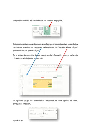 El siguiente formato de “visualización” es “Diseño de página”,

Esta opción activa una vista donde visualizamos el ejercicio activo en pantalla y
también se muestran los márgenes y el contenido del “encabezado de página”
y el contenido del “pie de página”.
Es la vista más completa, la que muestra más información pero no es la más
cómoda para trabaja con el ejercicio.

El siguiente grupo de herramientas disponible en esta opción del menú
principal es “Mostrar”,

Página 95 de 102

 