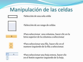 Manipulación de las celdas
•Selección de una sola celda
•Selección de un rango de celdas
•Para seleccionar una columna, hacer clic en la
letra superior de la columna a seleccionar
•Para seleccionar una fila, hacer clic en el
numero izquierdo de la fila a seleccionar.
•Para seleccionar una hoja entera, hacer clic
en el botón superior izquierdo de la hoja.
 