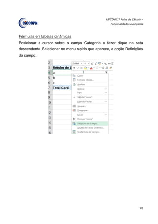 UFCD 0757 Folha de Cálculo –
Funcionalidades avançadas
26
Fórmulas em tabelas dinâmicas
Posicionar o cursor sobre o campo Categoria e fazer clique na seta
descendente. Selecionar no menu rápido que aparece, a opção Definições
do campo:
 
