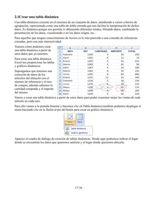 2.1Crear una tabla dinámica
Una tabla dinámica consiste en el resumen de un conjunto de datos, atendiendo a varios criterios de
agrupación, representado como una tabla de doble entrada que nos facilita la interpretación de dichos
datos. Es dinámica porque nos permite ir obteniendo diferentes totales, filtrando datos, cambiando la
presentación de los datos, visualizando o no los datos origen, etc...
Para aquellos que tengais conocimientos de Access es lo más parecido a una consulta de referencias
cruzadas, pero con más interactividad.
Veamos cómo podemos crear
una tabla dinámica a partir de
unos datos que ya tenemos.
Para crear una tabla dinámica,
Excel nos proporciona las tablas
y gráficos dinámicos.
Supongamos que tenemos una
colección de datos de los
artículos del almacén con el
número de referencia y el mes
de compra, además sabemos la
cantidad comprada y el importe
del mismo.
Vamos a crear una tabla dinámica a partir de estos datos para poder examinar mejor las ventas de cada
artículo en cada mes.
Para ello vamos a la pestaña Insertar y hacemos clic en Tabla dinámica (también podemos desplegar el
menú haciendo clic en la flecha al pie del botón para crear un gráfico dinámico).
Aparece el cuadro de diálogo de creación de tablas dinámicas. Desde aquí podremos indicar el lugar
donde se encuentran los datos que queremos analizar y el lugar donde queremos ubicarla.
17-36
 