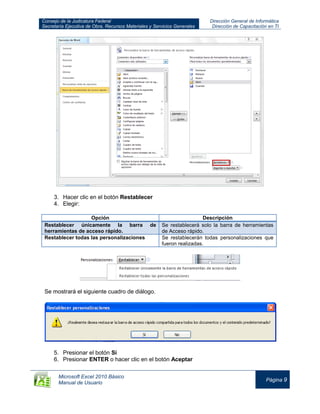 Consejo de la Judicatura Federal
Secretaría Ejecutiva de Obra, Recursos Materiales y Servicios Generales
Dirección General de Informática
Dirección de Capacitación en TI
Microsoft Excel 2010 Básico
Manual de Usuario
Página 9
3. Hacer clic en el botón Restablecer
4. Elegir:
Opción Descripción
Restablecer únicamente la barra de
herramientas de acceso rápido.
Se restablecerá solo la barra de herramientas
de Acceso rápido.
Restablecer todas las personalizaciones Se restablecerán todas personalizaciones que
fueron realizadas.
Se mostrará el siguiente cuadro de diálogo.
5. Presionar el botón Sí
6. Presionar ENTER o hacer clic en el botón Aceptar
 