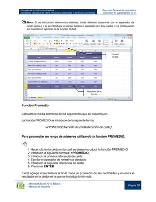 Consejo de la Judicatura Federal
Secretaría Ejecutiva de Obra, Recursos Materiales y Servicios Generales
Dirección General de Informática
Dirección de Capacitación en TI
Microsoft Excel 2010 Básico
Manual de Usuario
Página 58
Nota: Si se introducen referencias aisladas, éstas deberán separarse por el separador de
unión coma (,), si se introduce un rango deberá ir separado por dos puntos (:) A continuación
se muestra un ejemplo de la función SUMA:
Función Promedio
Calculará la media aritmética de los argumentos que se especifiquen.
La función PROMEDIO se introduce de la siguiente forma:
=PROMEDIO(dirección de celda:dirección de celda)
Para promediar un rango de números utilizando la función PROMEDIO:

1.Hacer clic en la celda en la cual se desea introducir la función PROMEDIO
2.Introducir la siguiente fórmula: =PROMEDIO(
3.Introducir la primera referencia de celda
4.Escribir el operador de referencia deseado
5.Introducir la segunda referencia de celda
6.Presionar ENTER
Excel agrega el paréntesis al final, hace un promedio de las cantidades y muestra el
resultado en la celda en la que se introdujo la fórmula.
Función
SUMA
Resultado de la
función
 