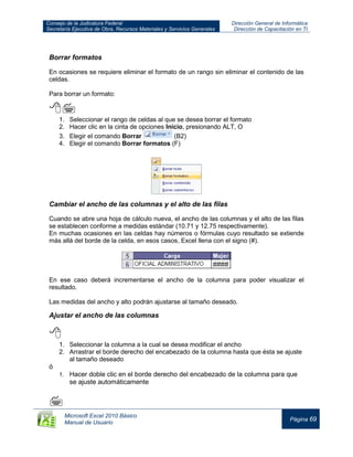 Consejo de la Judicatura Federal
Secretaría Ejecutiva de Obra, Recursos Materiales y Servicios Generales
Dirección General de Informática
Dirección de Capacitación en TI
Microsoft Excel 2010 Básico
Manual de Usuario
Página 69
Borrar formatos
En ocasiones se requiere eliminar el formato de un rango sin eliminar el contenido de las
celdas.
Para borrar un formato:

1. Seleccionar el rango de celdas al que se desea borrar el formato
2. Hacer clic en la cinta de opciones Inicio, presionando ALT, O
3. Elegir el comando Borrar (B2)
4. Elegir el comando Borrar formatos (F)
Cambiar el ancho de las columnas y el alto de las filas
Cuando se abre una hoja de cálculo nueva, el ancho de las columnas y el alto de las filas
se establecen conforme a medidas estándar (10.71 y 12.75 respectivamente).
En muchas ocasiones en las celdas hay números o fórmulas cuyo resultado se extiende
más allá del borde de la celda, en esos casos, Excel llena con el signo (#).
En ese caso deberá incrementarse el ancho de la columna para poder visualizar el
resultado.
Las medidas del ancho y alto podrán ajustarse al tamaño deseado.
Ajustar el ancho de las columnas

1. Seleccionar la columna a la cual se desea modificar el ancho
2. Arrastrar el borde derecho del encabezado de la columna hasta que ésta se ajuste
al tamaño deseado
ó
1. Hacer doble clic en el borde derecho del encabezado de la columna para que
se ajuste automáticamente

 